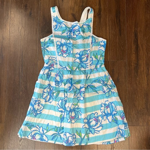Lilly Pulitzer Sandrine Dress Shorely Blue Floral Striped Tossing The Line SZ 12 - Picture 1 of 6